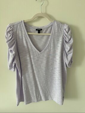 Express Pastel Lavender V-Neck Ruched Short Sleeve Top